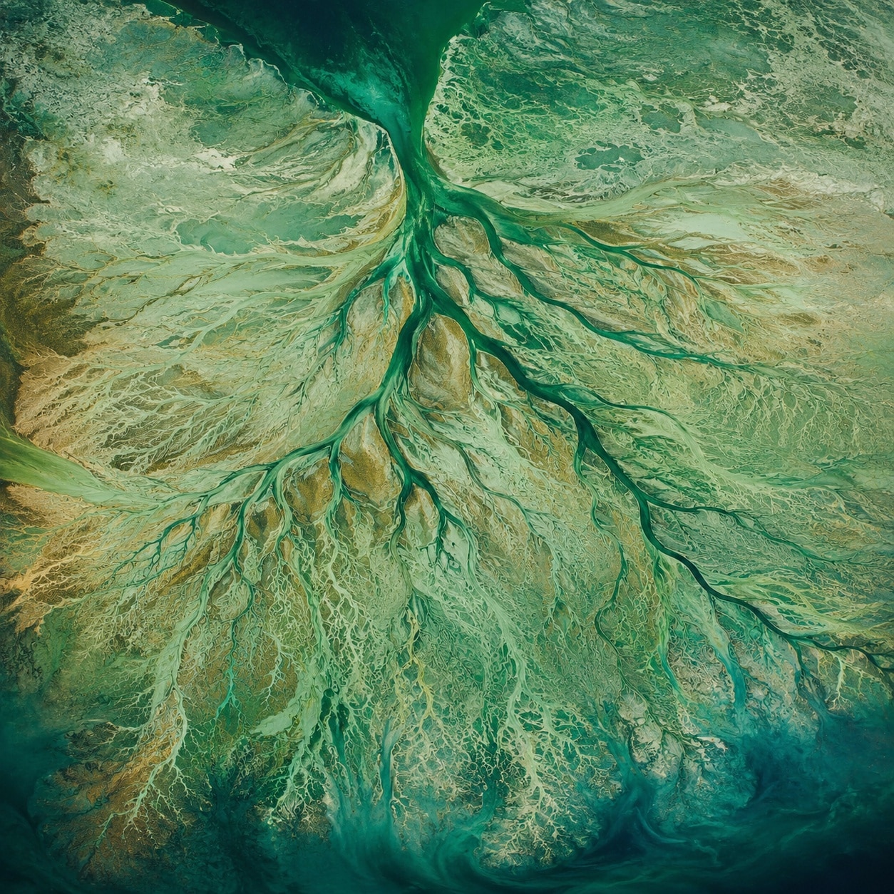 Delta fluvial ramificándose desde un único origen, símbolo de una fuente que se distribuye en múltiples respuestas de IA.