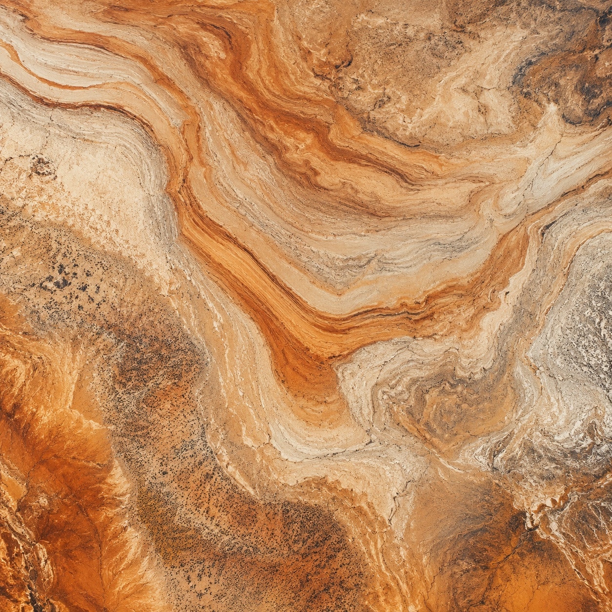 Estratos sedimentarios ocres vistos desde el aire, metáfora del conocimiento en capas sobre el que se entrena un modelo de IA.