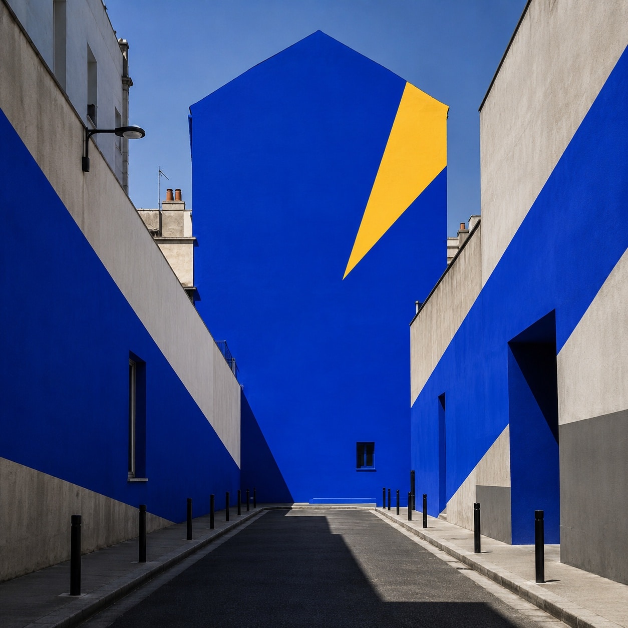 Edificio urbano dominante en azul al que converge toda la calle, símbolo del Perfil de Empresa de Google como activo central.