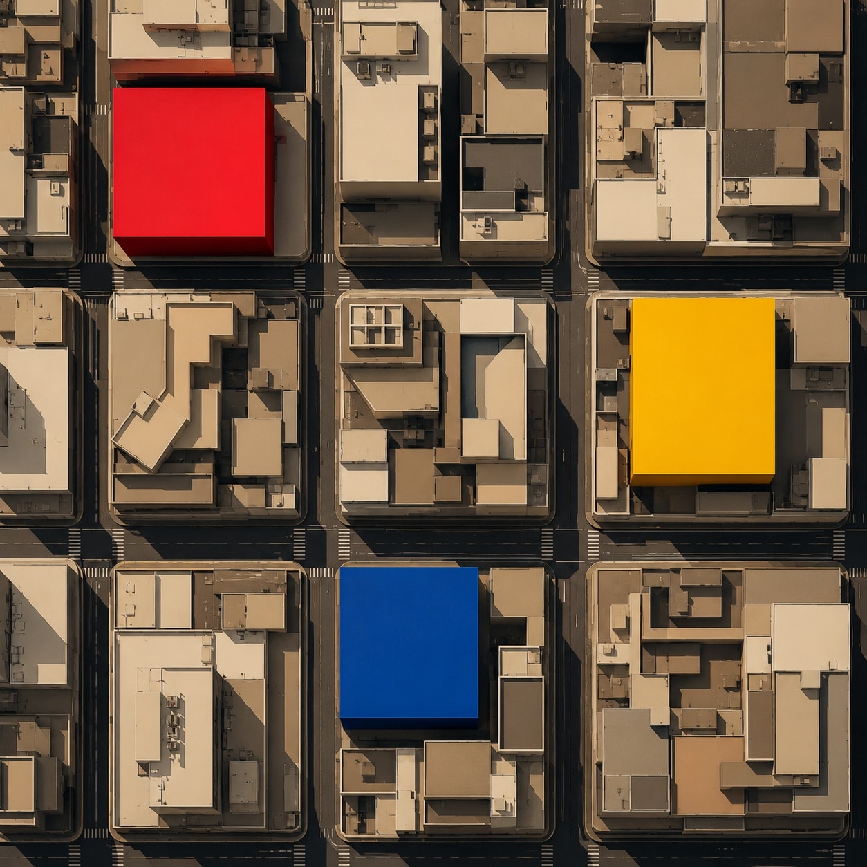 Trama urbana cenital con tres bloques de color destacados sobre el resto, metáfora del pack local de tres resultados en Google Maps.