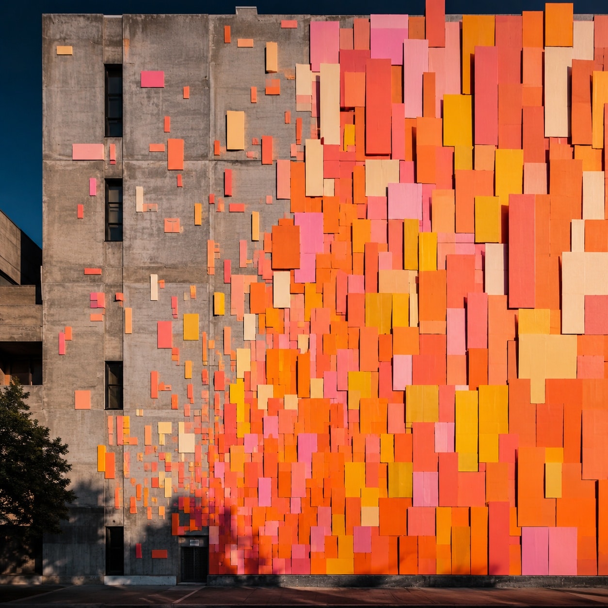 Paneles de color cálido acumulándose en una fachada hasta llenarla, metáfora de las reseñas de Google que construyen reputación.