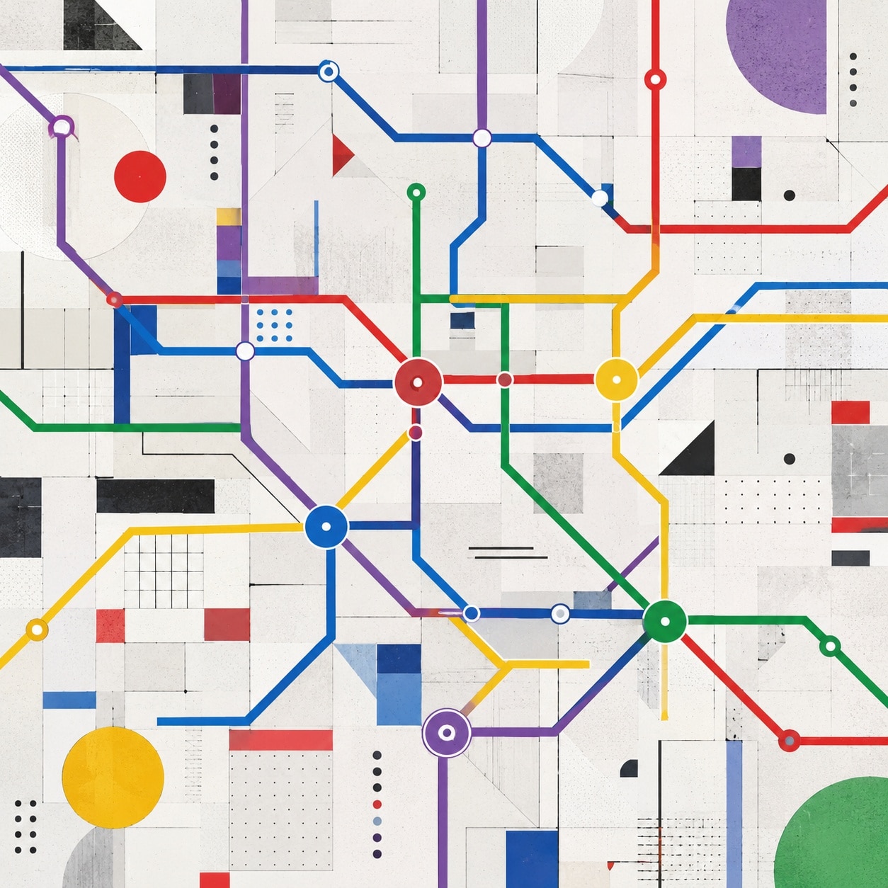 Red de líneas y nodos de color conectando puntos como un plano de metro, metáfora de la investigación de palabras clave locales.