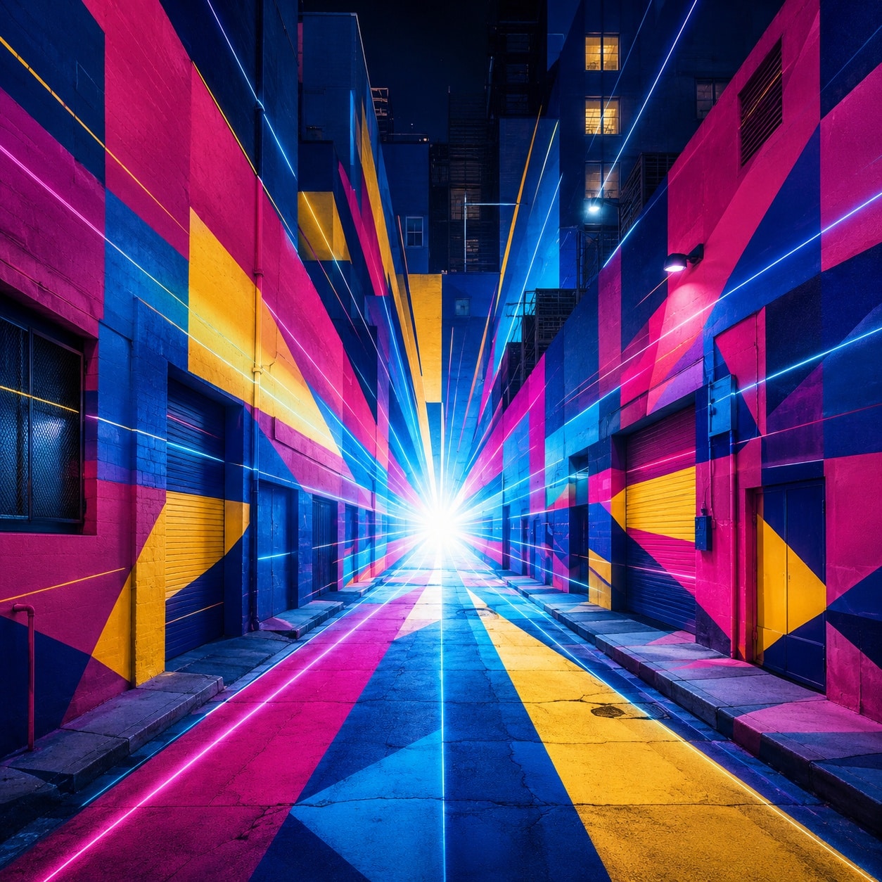 Geometría urbana que converge en un punto luminoso del que irradian líneas, metáfora del "cerca de mí" en la búsqueda local con IA.